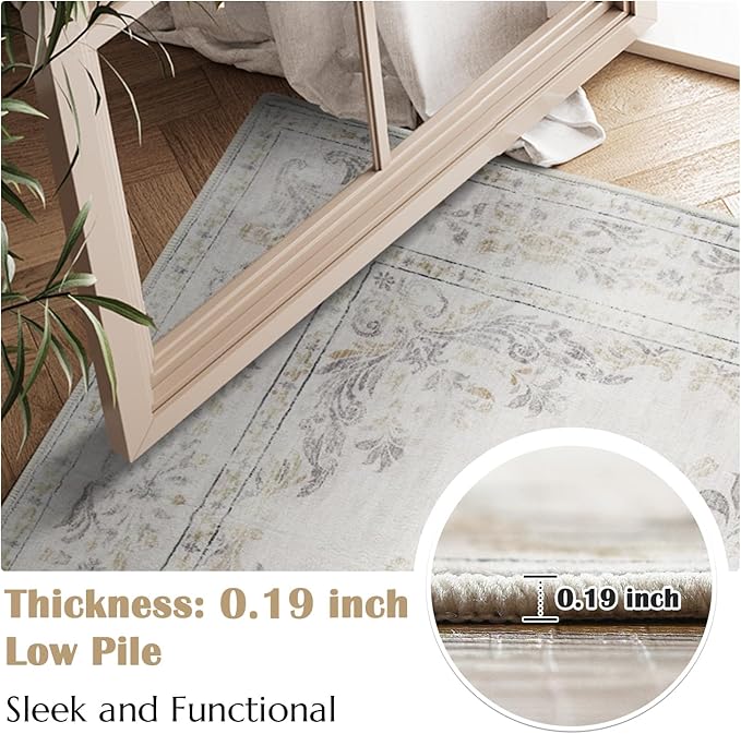 jinchan Vintage Floral 5x7 Area Rugs - Machine Washable Distressed Design Soft Ultra-Thin Low-Pile Non-Slip Carpet for Kitchen Bedroom Nursery Living Room Dining Room Home Office (5x7ft,Light Grey)