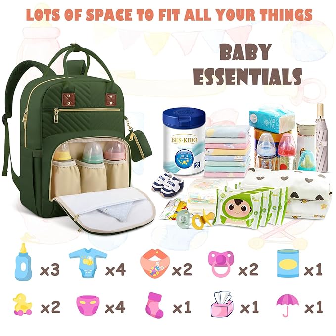 Baby Diaper Bag Backpack, Travel Diaper Bags for Girl Boy Large Capacity Baby Bag Backpack for Women Army Green