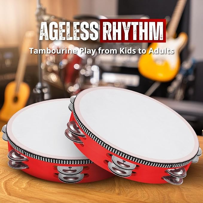 Flexzion Wood Handheld Tambourine (2 Pack) 8 Inch Double Row 12 Pair Jingles, Hand Held Percussion Drum Moon Musical Instrument with Metal Bell