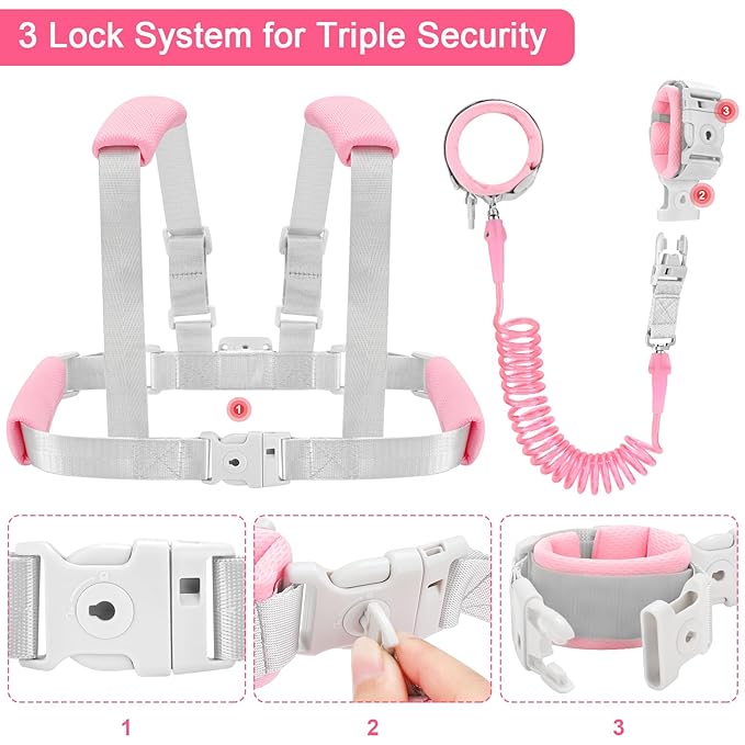 Accmor 3 in1 Toddler Harness Leash with Anti Lost Wrist Link, Harness Leash for Toddlers, Baby Leash, Child Walking Harness Kids Leash Wristband Rope Belt with Lock for Girls to Outdoor Travel (Pink)