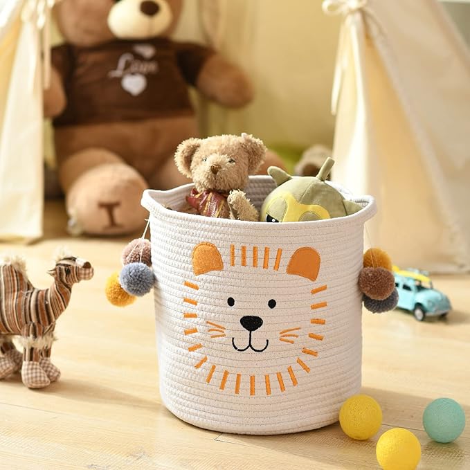 INough Toy Storage Baskets Cute Laundry Basket with Handles Dog Toy Storage Basket Durable Large Cotton Rope Storage Bins Home Organizer Solution for Office, Bedroom, Closet, Toys & Laundry (Lion)