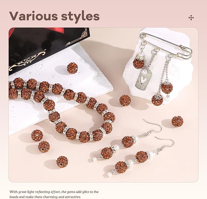 200pcs 10mm Rhinestone Beads for Jewelry Making, Brown Shiny Round Disco Ball Beads Bulk, Sparkle Crystal Clay Christmas for Bracelet Baseball Necklace Earring Crafting and DIY