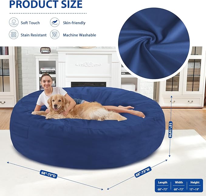 7FT Bean Bag Chair, Large Bean Bag Chairs with Memory Foam Filled, Fluffy Beanbag Sofa with Dutch Velvet Cover, Round BeanBag Chairs for Living Room, Playroom - Blue