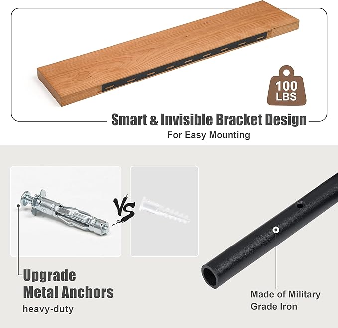 Floating Shelves for Wall, USA-Sourced Cherry Wood 36 Inch Long Wall Shelves Set of 2, Natural Wooden Wall Mounted Picture Ledge Shelf, Nursery Book Storage Shelf Kids Bookshelf, Display Shelf