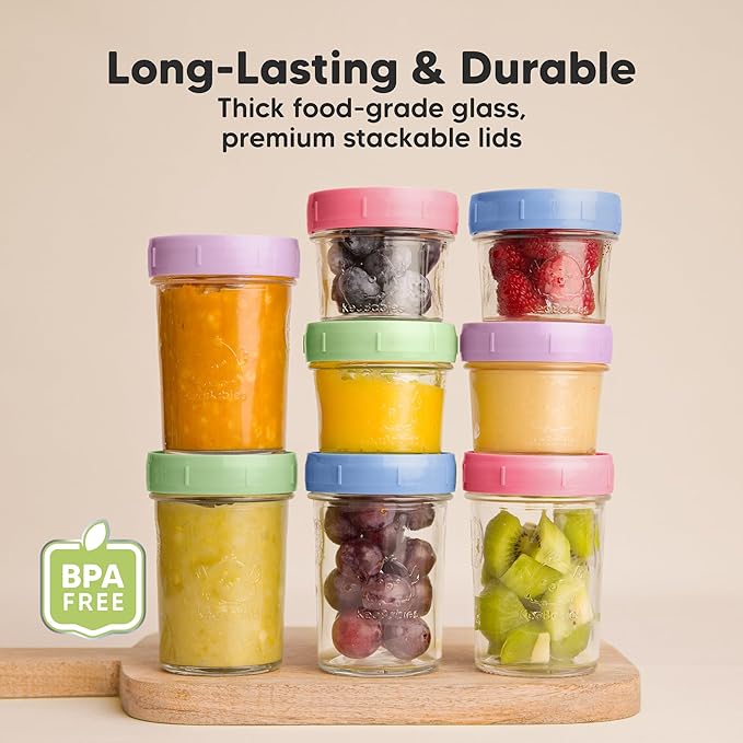 KeaBabies 4pk 8oz Glass Baby Food Containers with Lids - Leak-Proof, Microwavable Small Glass Jars, Baby Purees & Toddler Snack Storage Containers, BPA-Free, Dishwasher & Freezer Safe (Nord)