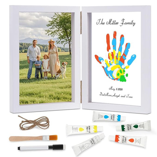 Family Handprint Kit, DIY Baby Hand and Footprint Handmade Keepsake Wooden Frame, Family Gifts with 5 Non-Toxic Baby-Safe Paint, Ideas Gift for New Parents, Grandparents, Father's Day, Mother's Day
