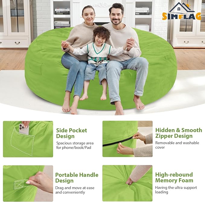 7FT Bean Bag Chair, Large Bean Bag Chairs with Memory Foam Filled, Fluffy Beanbag Sofa with Dutch Velvet Cover, Round BeanBag Chairs for Living Room, Playroom - Lime