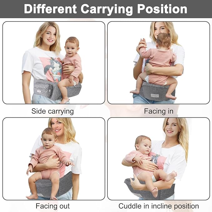 Baby Hip Carrier, Baby Carrier with Adjustable Waistband & Breathable Mesh, Ergonomic Carrier with Non-Slip Hip Seat Surface for Newborns & Toddlers, Grey