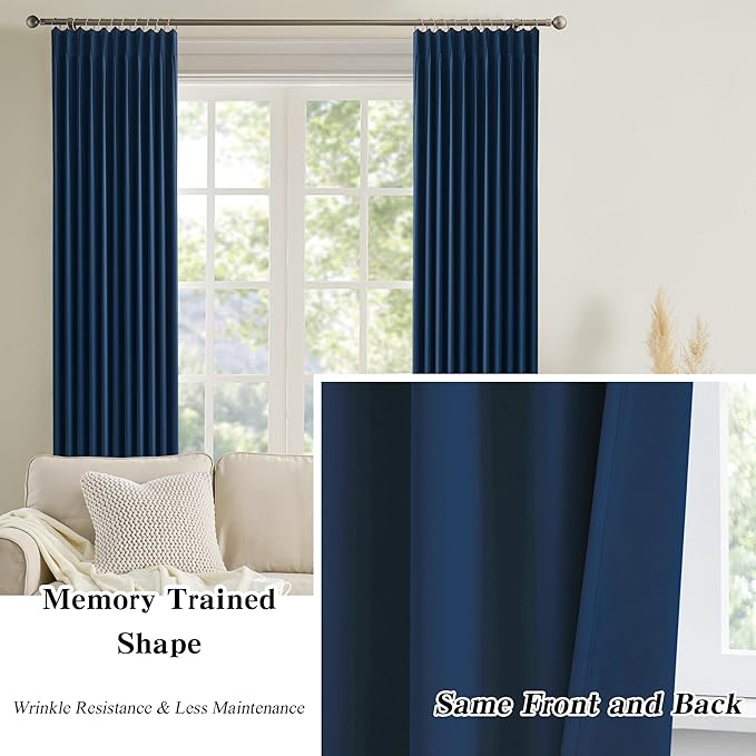 KEQIAOSUOCAI 92 Inch Long Curtains Navy Blue Pinch Pleated Draperies for Track System, Fancy Luxury Bedroom Drapes Thermal Insulating Window Blackout Nautical Curtain for Living Room 2 PCs
