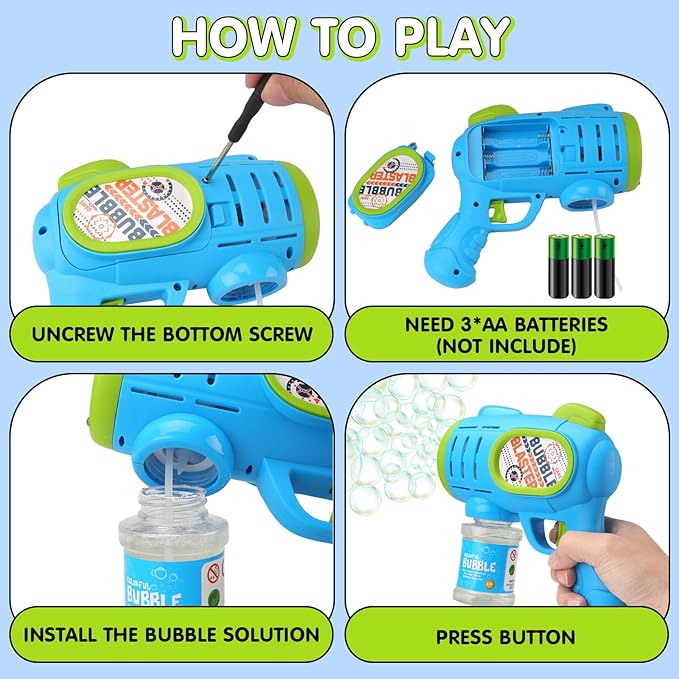 2 Pack Bubble Gun Machine for Kids, Automatic Light Up Bubble Blower with 4 Bottles 10 Bags Refill Solution Bubble Guns Blaster for Toddlers, Outdoor Toys Gifts Wedding Easter Party Favor