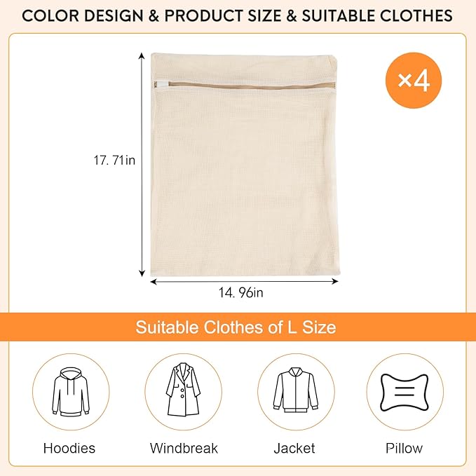 4-Piece Large Durable Organic Cotton Mesh Laundry Bags with Sturdy Zippers and Breathable Mesh are Delicate Laundry Bags for Underwear, Clothes, Pants and Socks