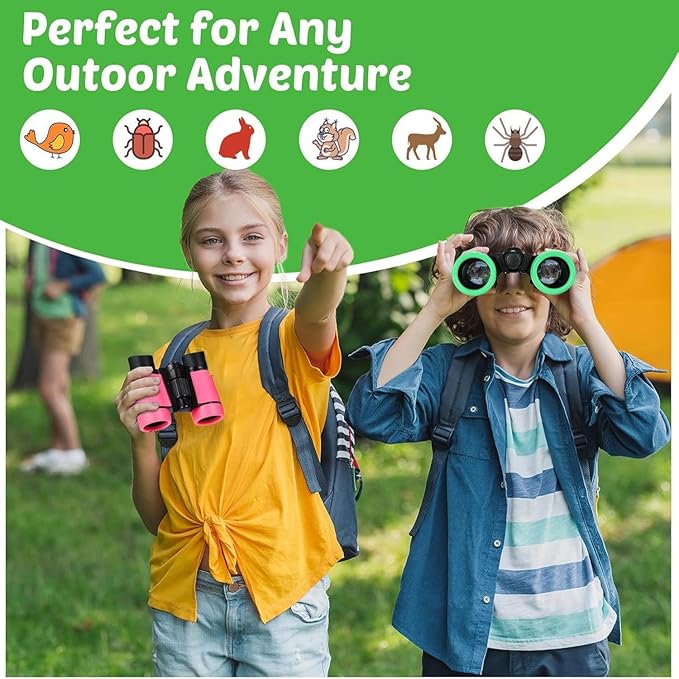 Hiboom 8 Set Kids Binoculars Bulk Shockproof Folding Children Mini Compact Binoculars Compass Magnifying Glass for 3-12 Years Boys Girls Kids Bird Watching Camping Outdoor Play