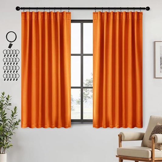 ANRODUO Back Tab Blackout Curtains for Bedroom Living Room, Rod Pocket Pinch Pleated Thermal Insulated Room Darkening Curtains 63 Inches Long 2 Panels, Orange, 42 x 63 Inch