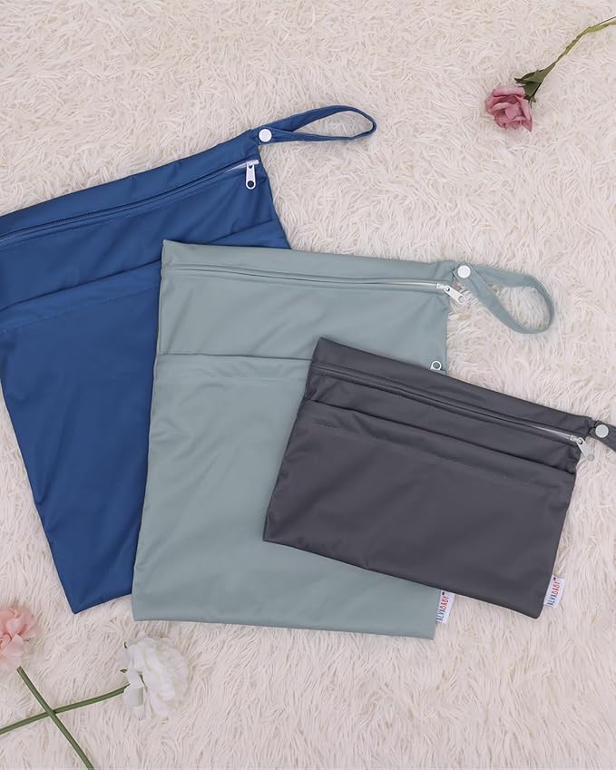 ALVABABY 3 Cloth Diaper Wet Dry Bags Waterproof Reusable with Two Zippered Pockets Travel Beach Pool Daycare Soiled Baby Items Yoga Gym Bag for Swimsuits or Wet Clothes Small medium Large 3L-SML01