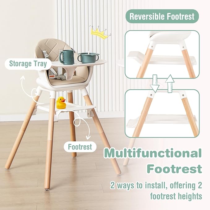 BABY JOY High Chair, 6 in 1 Convertible Wooden Highchair for Babies & Toddlers with Adjustable Legs, Double Removable Tray, Safety Harness & Waterproof PU Cushion (Beige)