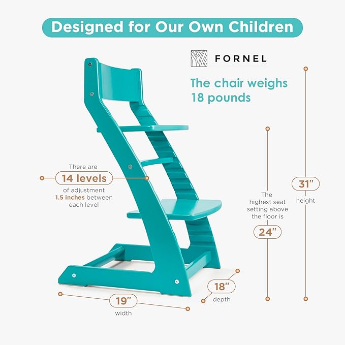FORNEL Modern Wooden High Chair in Turquoise | The Adjustable Grow-with-Me Chair with a Stylish Pop of Color for Your Kitchen & Dining Room