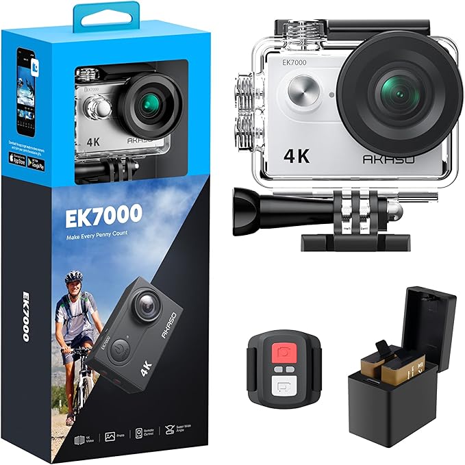 AKASO EK7000 4K30FPS 20MP WiFi Action Camera with EIS Ultra HD 131FT Waterproof Underwater Camera Remote Control 4X Zoom Support External Microphone