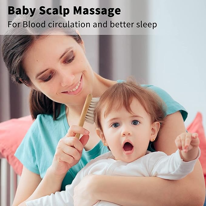 Goat Baby Hair Brush Set, Wooden Comb Massage Scalp Comb, Safe Natural Hair Care Kit, Soft Silicone Bath Brush for Newborns Toddlers (Brush Set+ Green Massager) (Brush Set+ 4)