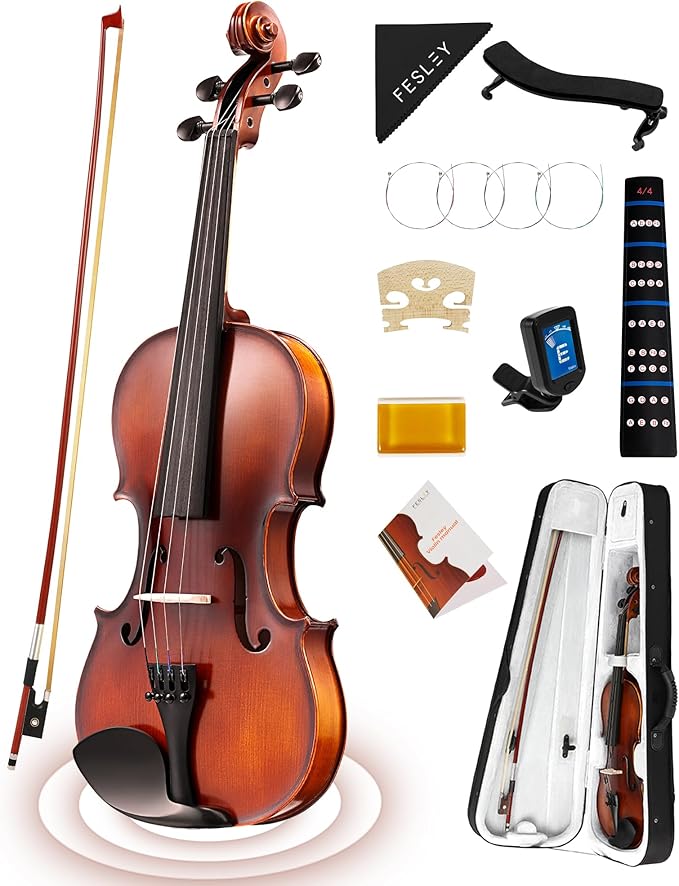 Fesley Violin Fiddle Full Set: 4/4 Matt Violin Kit for Beginners, Acoustic Violin with Hard Case, Solidwood Hand Made Starter Kit with Bow, Rosin, Shoulder Rest, Tuner, Extra Strings