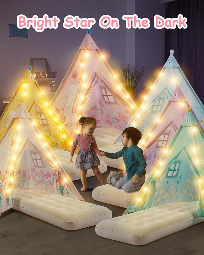 6 Pack Teepee Tent for Kids with Inflatable Airbed, Light, Toddler Tent Children Room Tents, Slumber Party Sleepover Tents, Indoor Outdoor Kids Playtent Playhouse for Girls & Boys