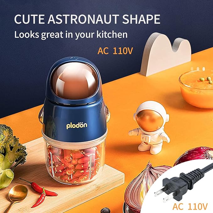 Baby Food Maker Mini Cute and Small Food Processor Puree Blender Grinder Chopper 300ml Cup Glass Bowl with 8 Blade Electric (Spaceman-Blue)