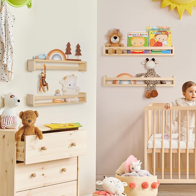 Fun Memories Nursery Book Shelves, 24Inch Floating Shelf for Wall, Wall Bookshelf for Kids Solid Wood Wall Mounted Shelves for Books,Toys and Decor Storage, Set of 2