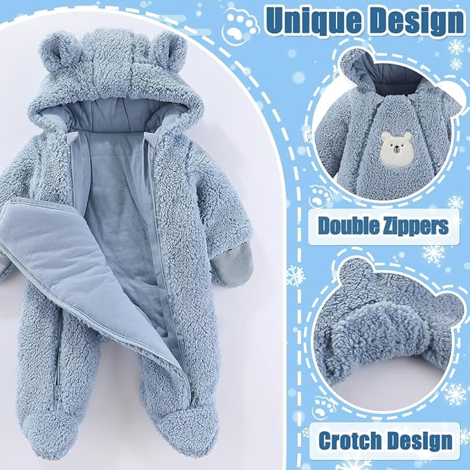 Fairy Baby Newborn Baby Winter Snowsuit Bear Thick Romper Footie Double Zip Hooded Jumpsuit Fleece Coat Infant Boy Girl 0-12M