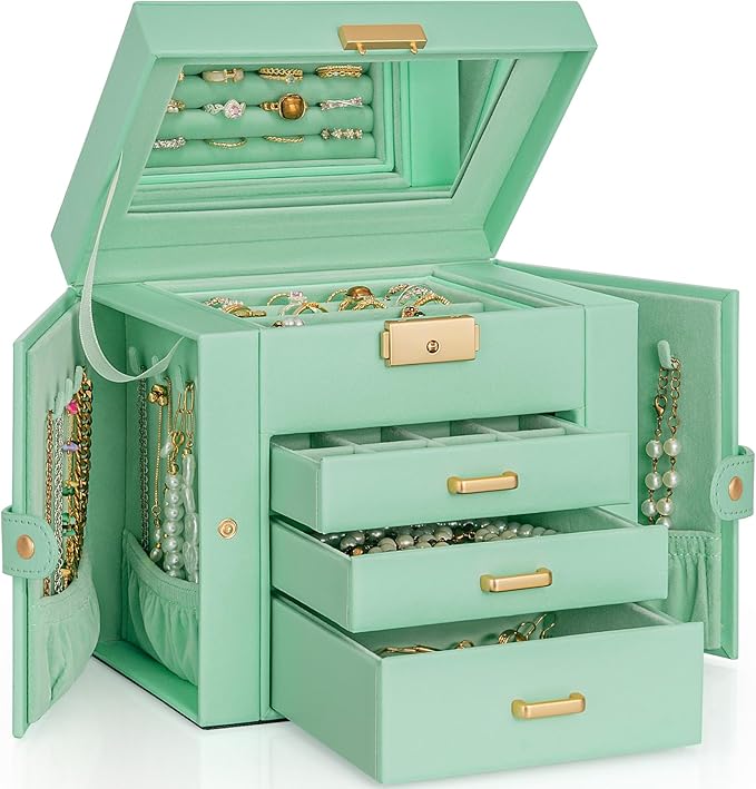 AKOZLIN 4-Tier Jewelry Box Leather Jewelry Storage Organizer with 3 Drawers Lockable for Women Girls Ring Necklace Earring Bracelet Holder with Mirror