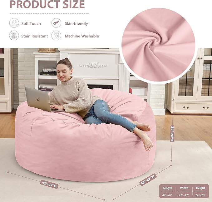 4FT Bean Bag Chair, Large Bean Bag Chairs with Memory Foam Filled, Fluffy Beanbag Sofa with Dutch Velvet Cover, Round BeanBag Chairs for Living Room, Playroom - Light Pink