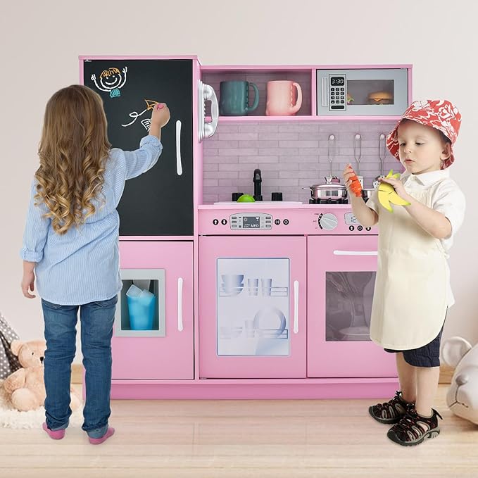 HONEY JOY Pink Kids Kitchen Playset, Wooden Little Chef Pretend Toy Kitchen Set w/Chalkboard, Telephone, Utensils, Oven, Microwave, Sink, Play Kitchen for Toddlers, Gift for Boys Girls, Pink