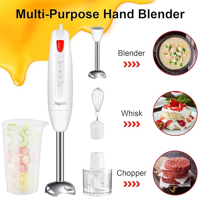Immersion Blender 4 in 1, 16000rpm Speed, 400W Turbo Motor & Ergonomic Grip Hand Blender Set, Splash-Proof Stainless Steel Blades, for Soup, Baby Food, Smoothies, Sauce (Red+Ivory)