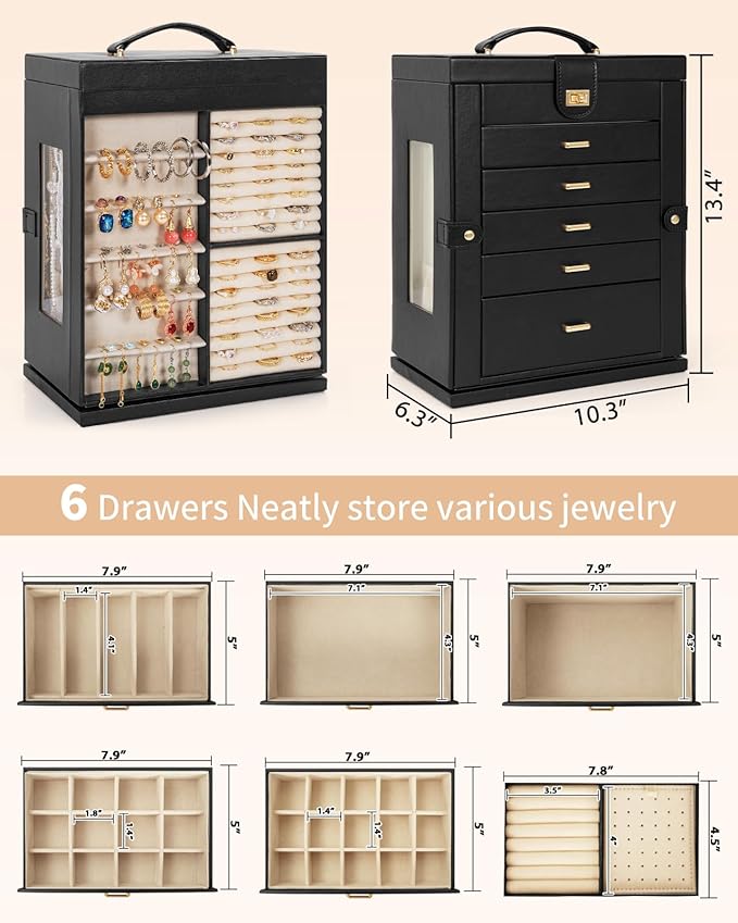 AKOZLIN Jewelry Box 6-Tier Organizer Functional 360° Rotating Jewelry Storage Case for Women Girls Ring Necklace Earring Bracelet Holder with Mirror