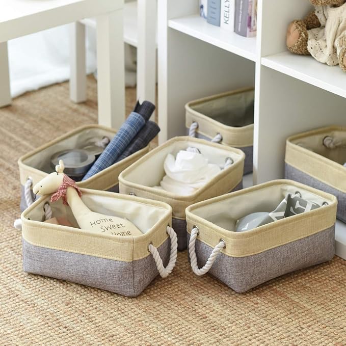 Fabric Storage Baskets for Organizing(6 Pack) Small Baskets for Shelves,storage, Laundry, Nursery, Closets, Decorative Baskets for Gifts Empty (Grey & gold, 11.8” x 7.8” x 5.1”)
