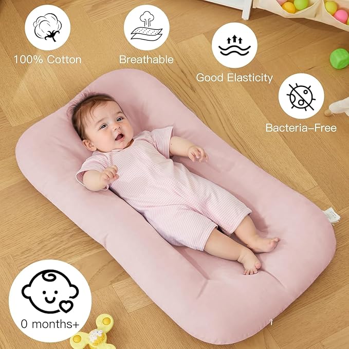 Baby Lounger for Newborn, Bionic Design Baby Lounger, Soft Organic Cotton Breathable Lounger for Infants 0-18 Months (Coral Pink)