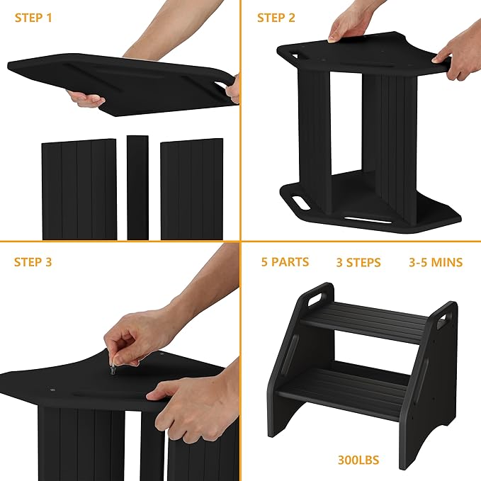 AMBIRD Wooden Step Stool, Two Step Stools 300 lbs Capacity with Safety Non-Slip Pads and Handles, Bamboo Step Stool for Bathroom, Kitchen Dual Height Step Stools for Adults (Black)