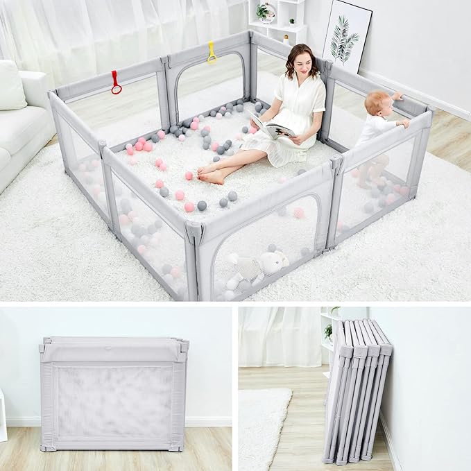 Foldable Baby Playpen, Shape & Size Adjustable Playpen for Toddler, 79x71 Large Play Pens Safety Mesh Foldable Playard for Babies, Portable Baby Fence Play Area Kids Play Pen, Grey
