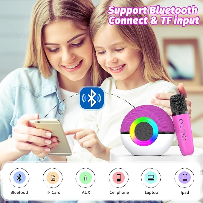 goopow Mini Karaoke Machine Speaker for Kids Adults, Portable Bluetooth Microphone Song Toys with LED Light, Best Chritmas Birthday Festival Gift for 3 4 5 6 7 8+ Year Old Girls Boys (Hotpink-2MIC)