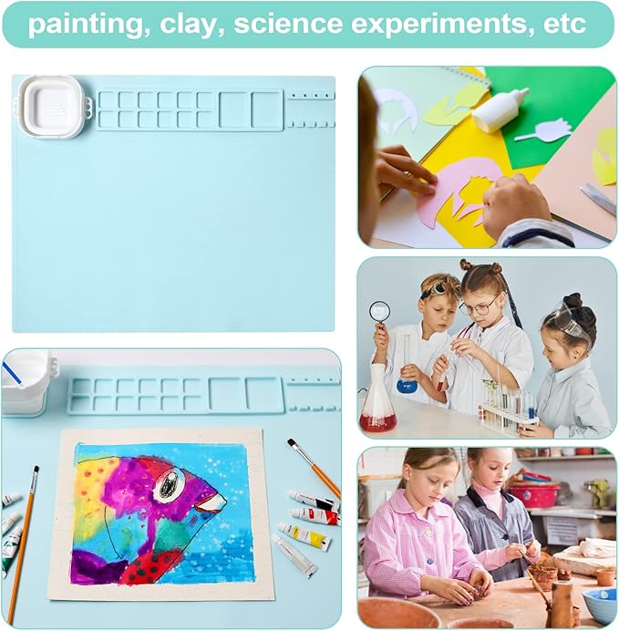 AWOKE Silicone Painting Mat - 20"X16" Silicone Art Mat with 1 Water Cup for Kids - Craft Mat has12 Color Dividers - 2 Paint Dividers (Blue),Toddler Activities,3 4 5 Year Old Girl Boy Birthday Gifts