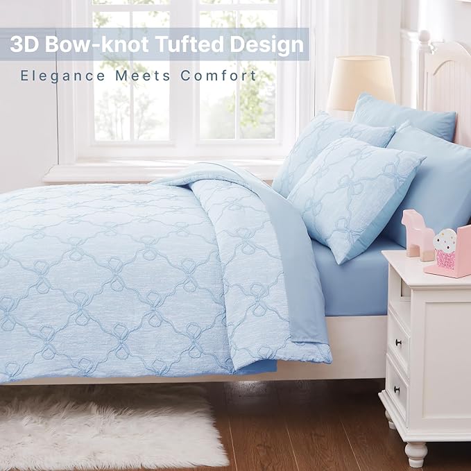 Full Size Comforter Sets with Sheets for Girls-7 Pieces Full Size Bedding Sets with Light Blue Comforter, Sheets, Pillowcases & Shams for Kids (Light Blue Diamond, 76" X 86")