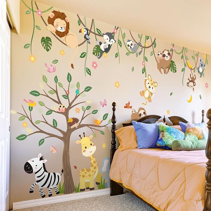 iMagitek Large Jungle Animals Tree Wall Decals Safari Animals Climbing Trees Wall Stickers Elephant Giraffe Lion Sloth Wall Stickers for Baby Nursery Kids Room Playroom Classroom 90.94" x 62.59"