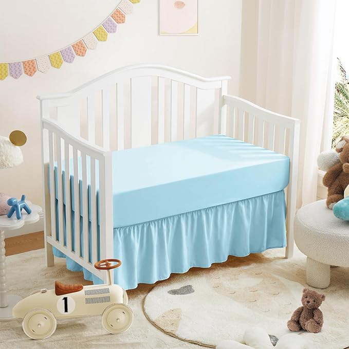 Horbaunal 2 Pack Crib Skirt & Crib Bed Sheet Set, Aqua Blue Crib Bed Skirt 28" x 52" with 14" Drop Dust Ruffle, Soft Microfiber Toddler Bedskirt Nursery Bedding Skirt for Baby Girls and Boys