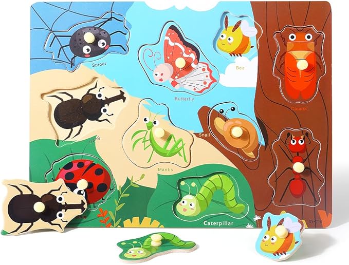 GRINNNIE 9 Pack Montessori Toddler Puzzle for 3 4 5 Years Old, Wooden Learning Puzzle for Toddlers 3-5, Animal, Alphabet, Number, Shape Peg Puzzles Set, Great Birthday for Boys Girls