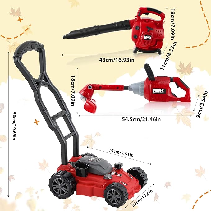 3 Pcs Toy Gardening Tool Set for Kids Toy Leaf Blower Weed Trimmer Push Lawn Mower Pretend Play Set with Lights and Sounds Christmas Birthday Gifts for Boys Girls