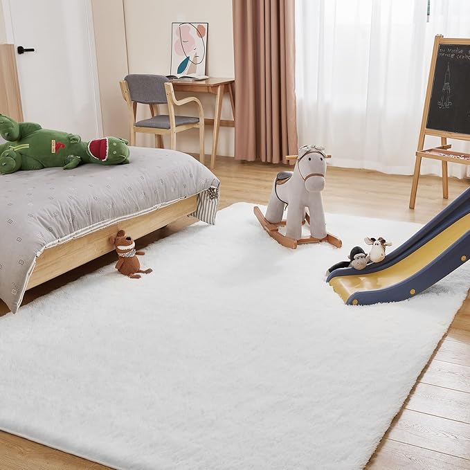8x10 White Area Rug, Fluffy Plush Rugs for Bedroom, Non Slip Shag Indoor Carpet for Living Room, Nursery, Front Room, Room Decor