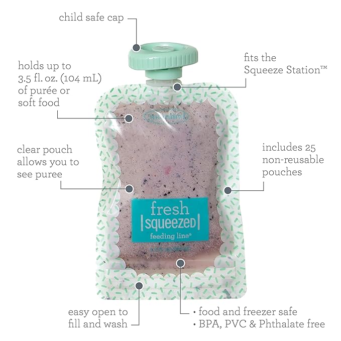 Infantino Reusable Squeeze Pouches for Homemade Baby Food, 3.5 oz, Pack of 25 - BPA, PVC, and Phthalate-Free, Freezer-Safe, with Clear Window and Labeling Space