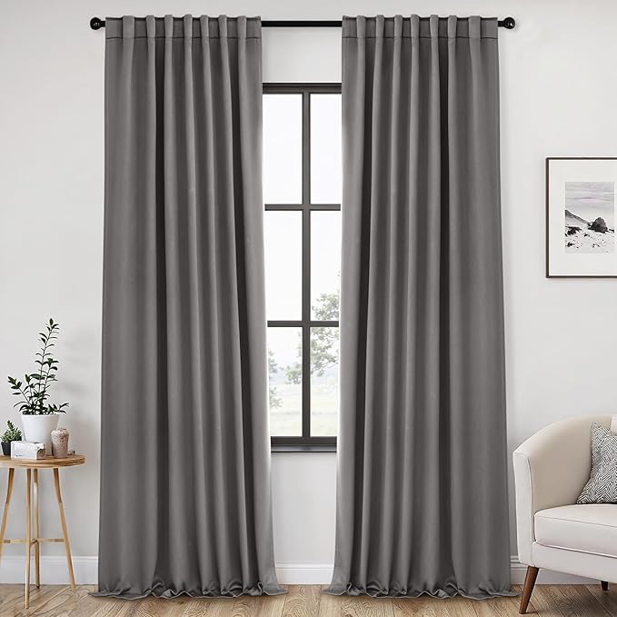 ANRODUO Back Tab Blackout Curtains for Bedroom Living Room, Rod Pocket Pinch Pleated Thermal Insulated Room Darkening Curtains 120 Inches Long 2 Panels, Grey, 52 x 120 Inch