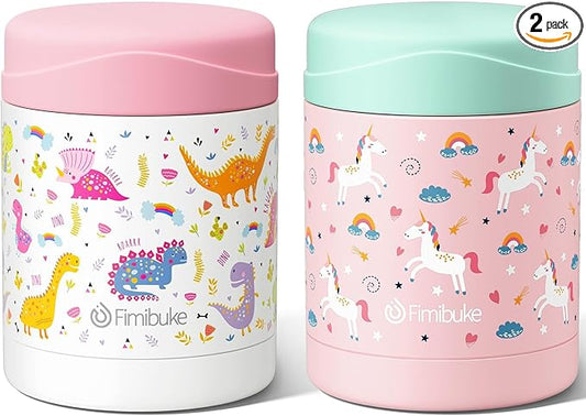 Fimibuke Insulated Kids Food Jar, 2 Pack 12 OZ Bpa Free Stainless Steel Vacuum Thermos for Hot Cold Food, Leakproof Snack Container for School Boys Girls Wide Mouth Toddler Lunch Box for Smoothie Soup