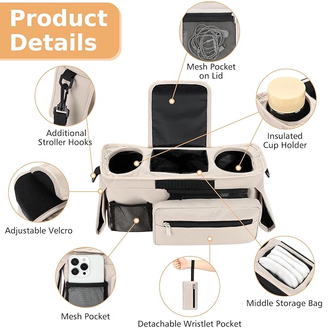 Accmor Universal Stroller Organizer with Insulated Cup Holder Detachable Phone Bag and Shoulder Strap,Stroller Bag Caddy Organizer Fits for Uppababy, Baby Jogger, Britax Strollers