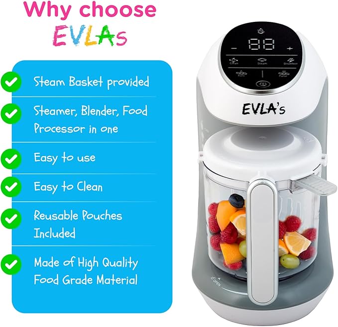 EVLA'S Baby Food Maker, Steamer, Blender, Baby Food Processor for Healthy Homemade Baby Food in Minutes, Touch Screen with 6 Reusable Food Pouches, Baby Registry Essential, White