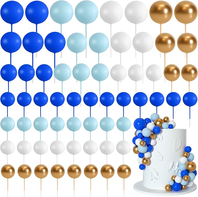 75 Pieces Cake Balls Topper Decorations Foam Cupcake Topper Mini Balloon Cake Topper Balls Cake Picks for Cake Deco Birthday Party Wedding（Dark Blue,Blue, Gold, White）